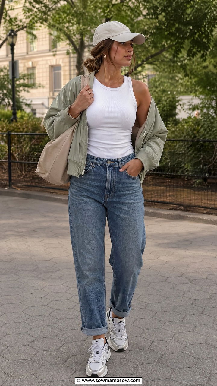 Cuffed straight leg jeans with a white vest and chunky dad sneakers - 35 Spring outfit ideas 2026