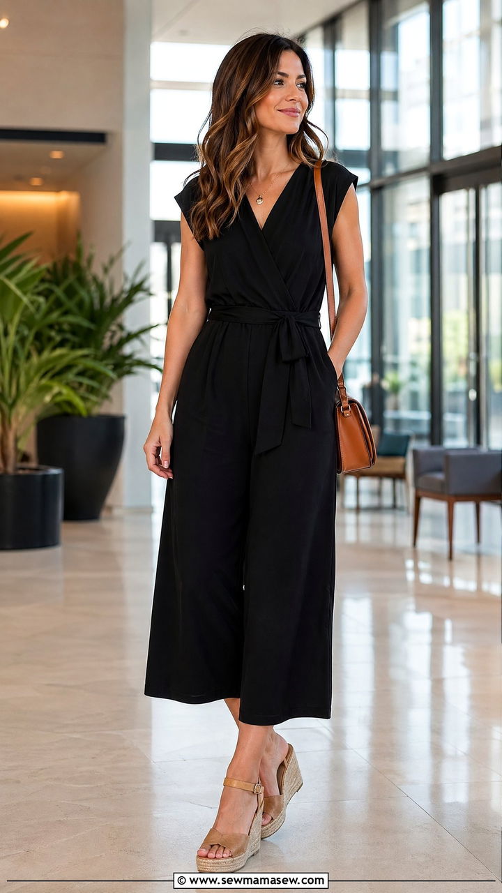 Culotte Jumpsuit With Wedge Espadrilles - 35 summer work outfit ideas