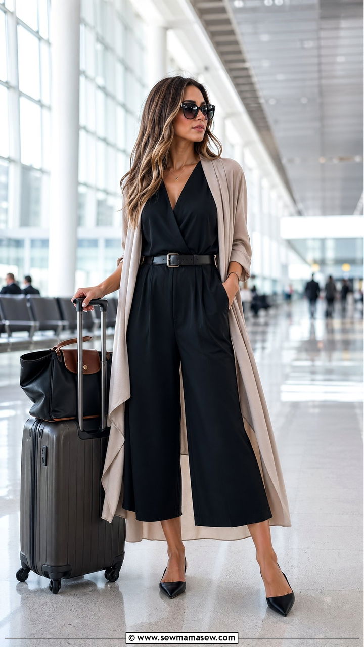 Culotte Jumpsuit with Belt and Pointed Toe Flats - 35 what to wear to the airport