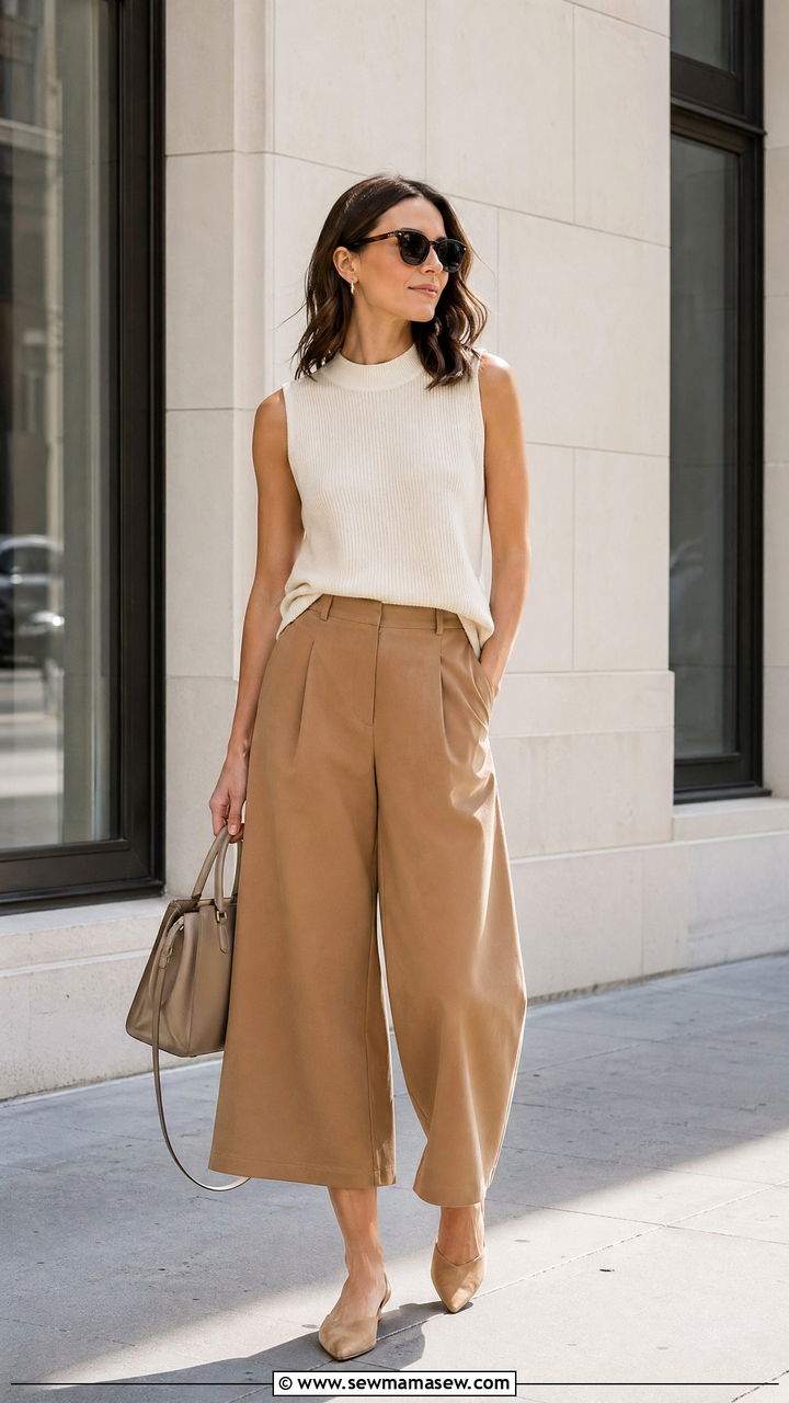 Culotte Pants With a Sleeveless Knit Top and Pointed Toe Mules - 35 Summer to fall transition outfits