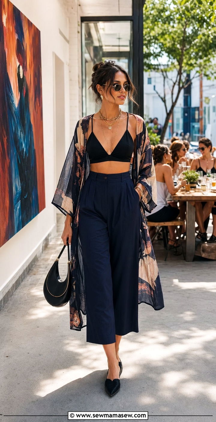 Culottes And Bralette With Sheer Kimono For Summer Brunch - 30 What to wear to summer brunch