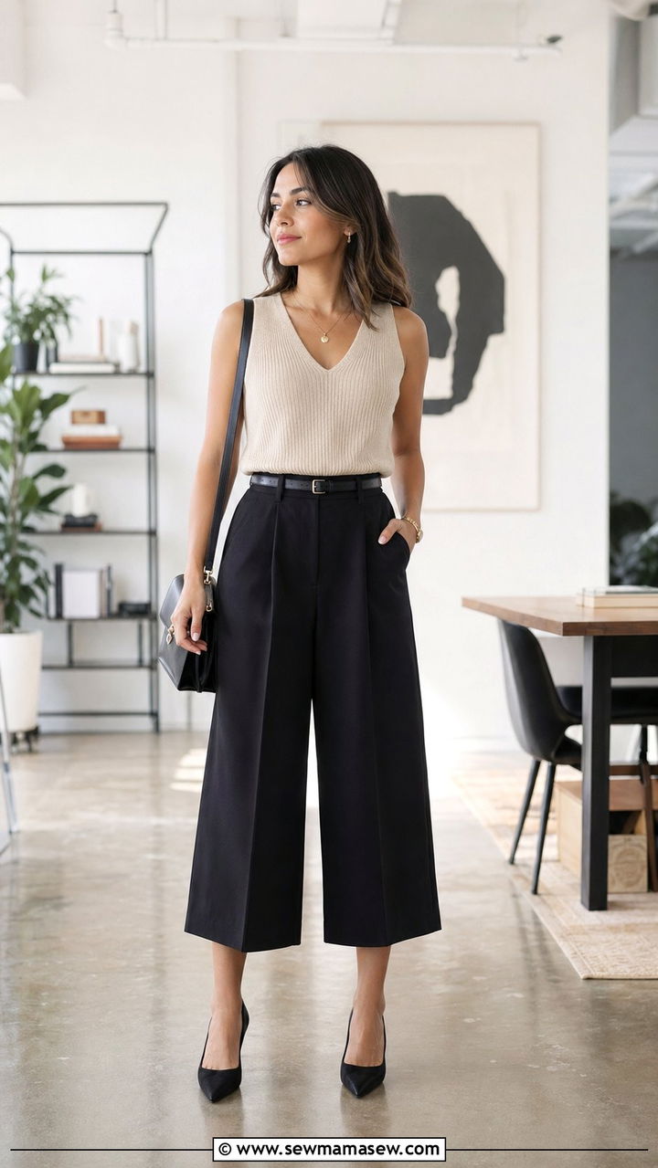 Culottes With A Sleeveless Knit Shell - 30 Work outfits for petite women