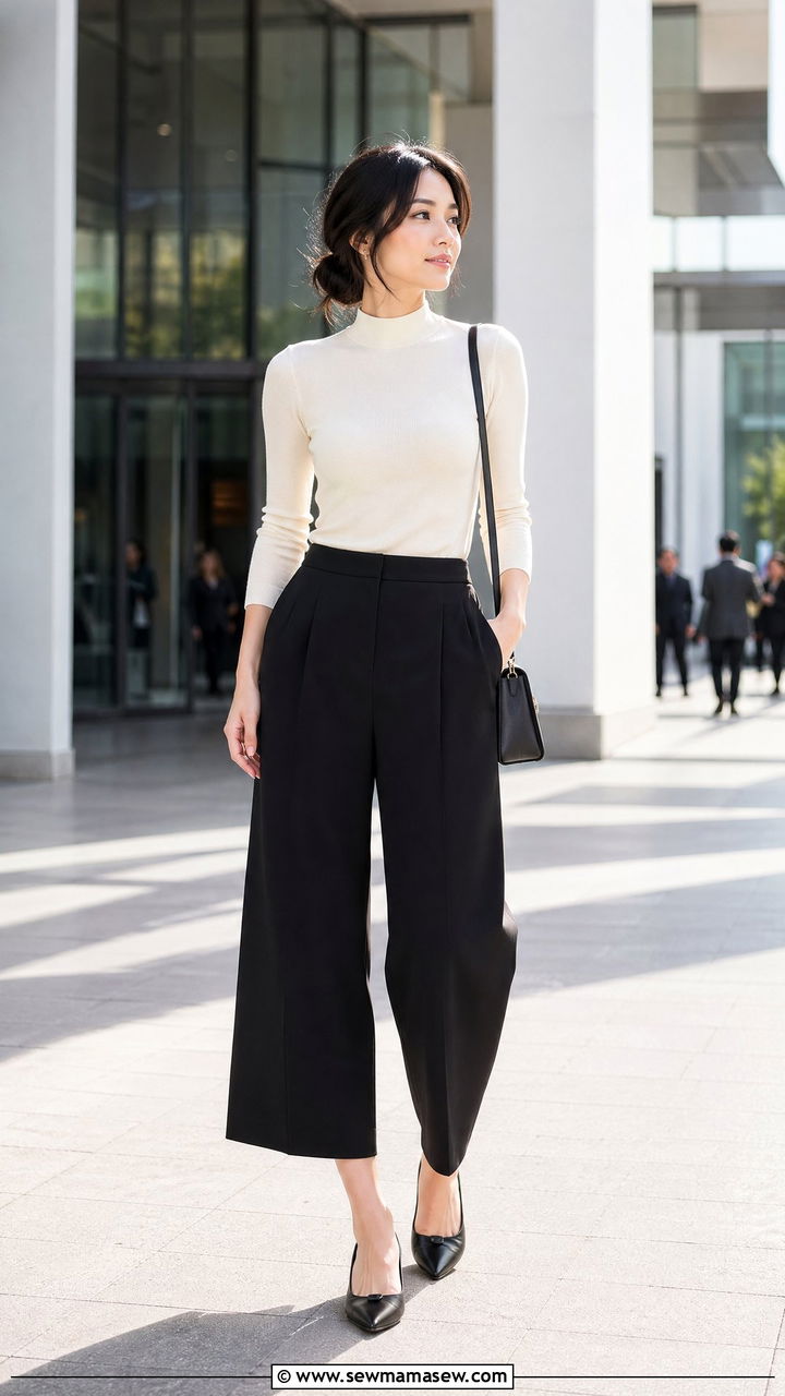 Culottes With Mock Neck Top And Flats - 35 Work conference outfit ideas