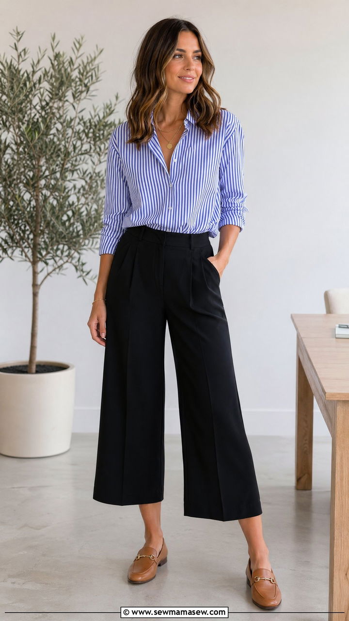 Culottes With Striped Button Down - 35 spring office casual outfit ideas