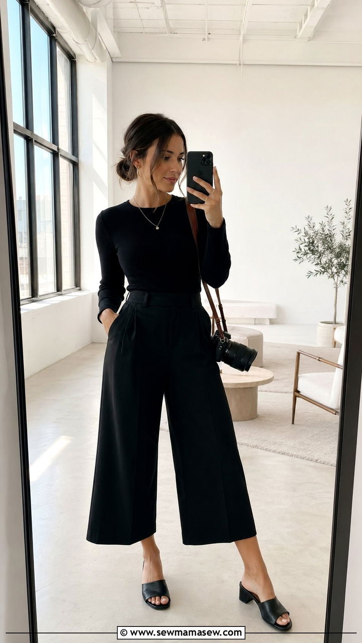 Culottes With a Fitted Knit Top and Slide On Mules - 30 Wedding photographer outfit ideas