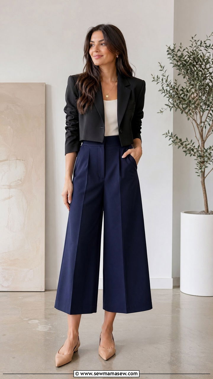 Culottes with Cropped Blazer and Pointed Toe Flats - 35 spring elegant outfit ideas