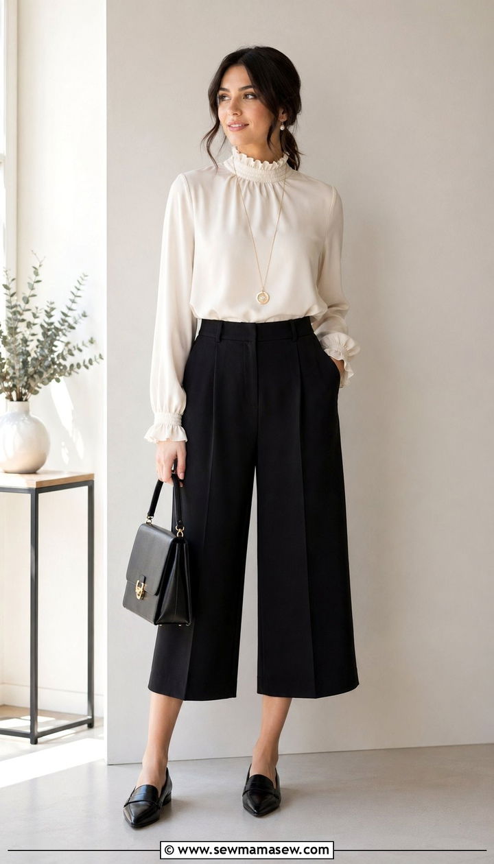 Culottes with High Neck Blouse Outfit - 35 modest outfit ideas for women