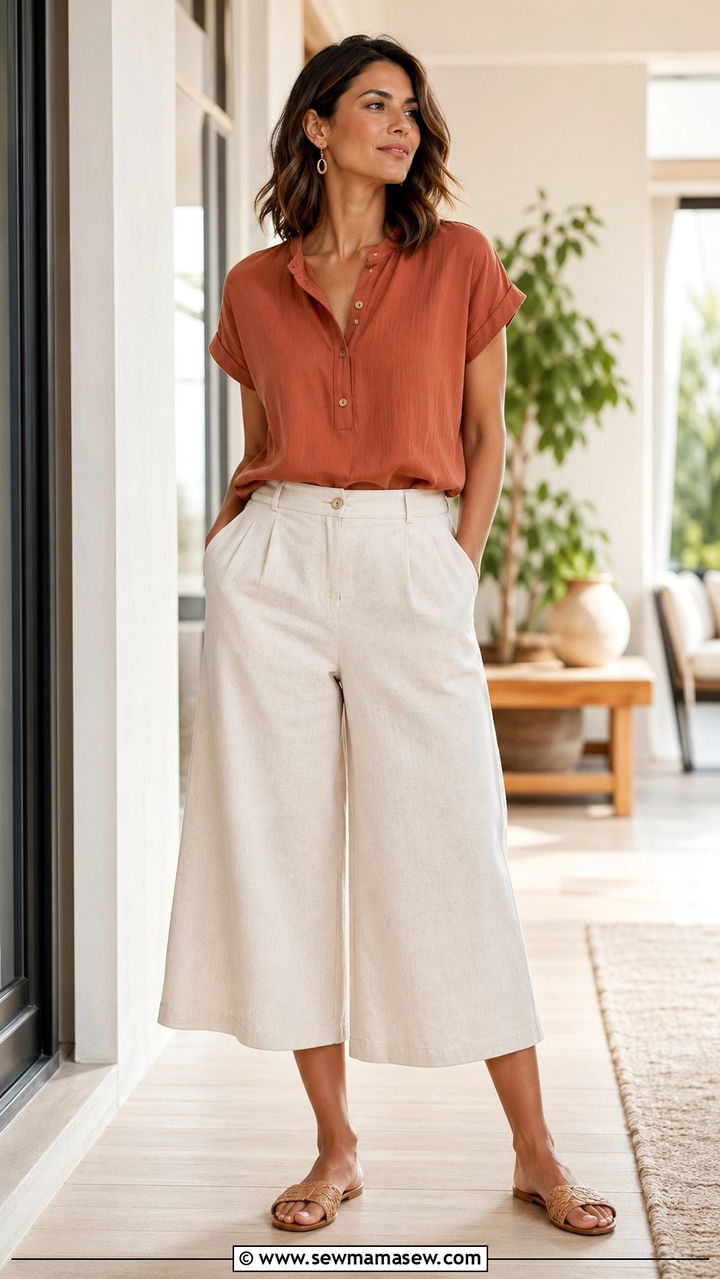 Culottes with a Short Sleeve Blouse - 30 Work from home outfits for summer