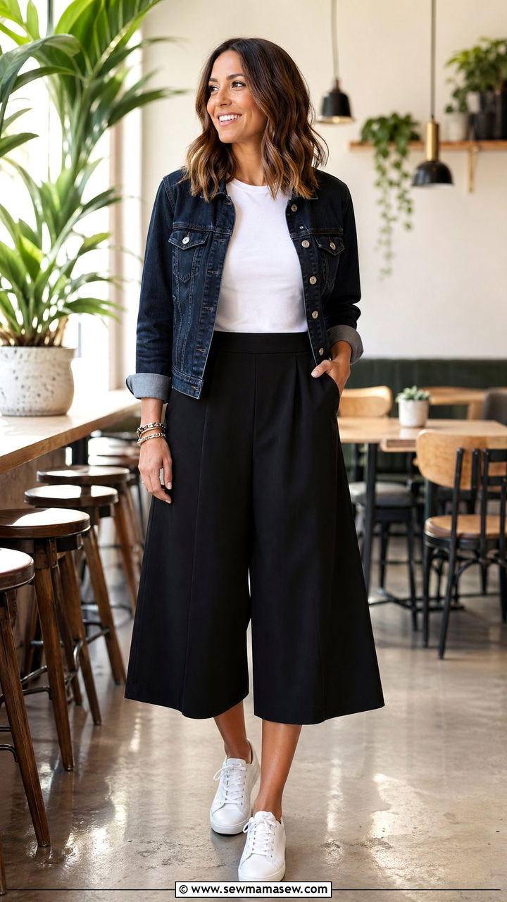 Culottes with a fitted short sleeve tee and a denim jacket - 35 Summer business casual outfits for women