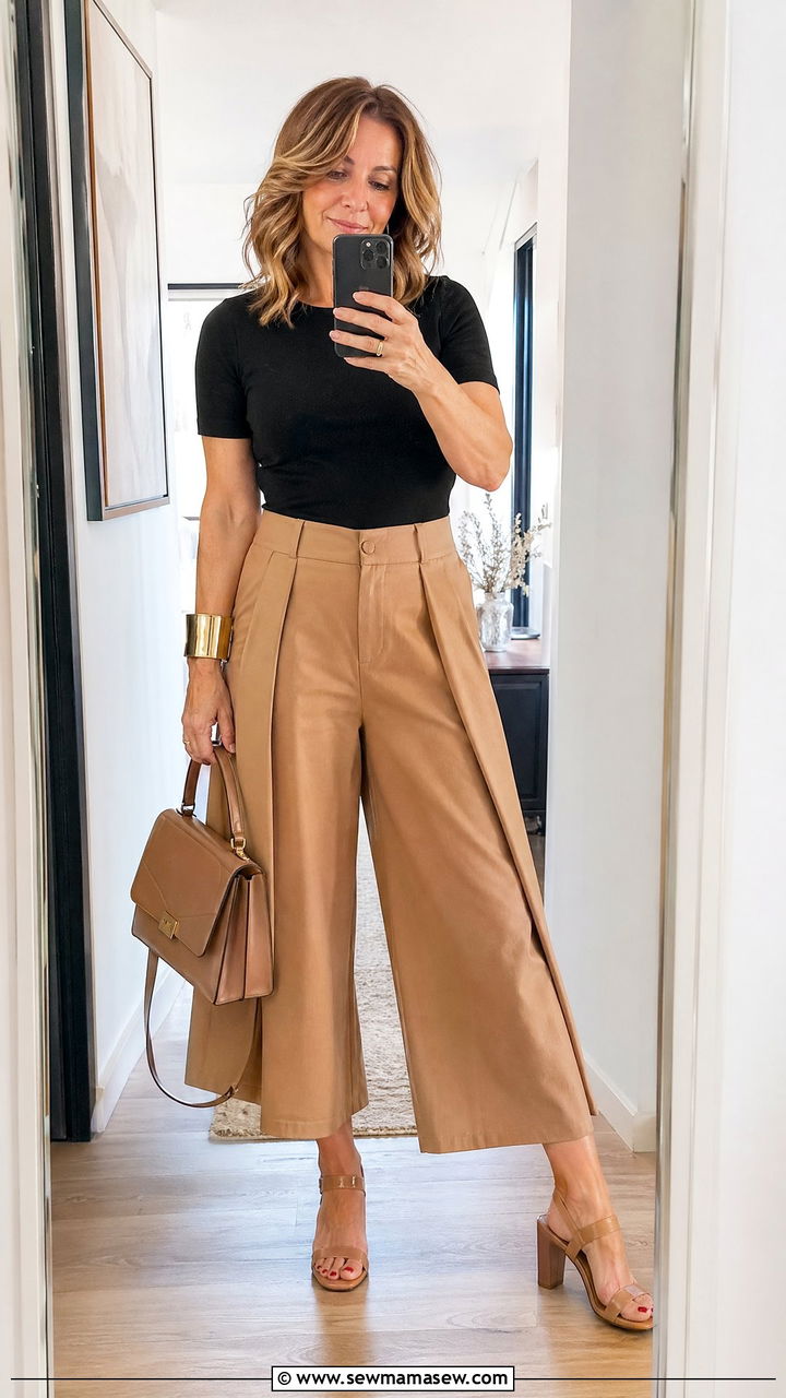 Culottes with fitted knit and heeled sandals spring outfit - 35 Spring capsule wardrobe for women over 40