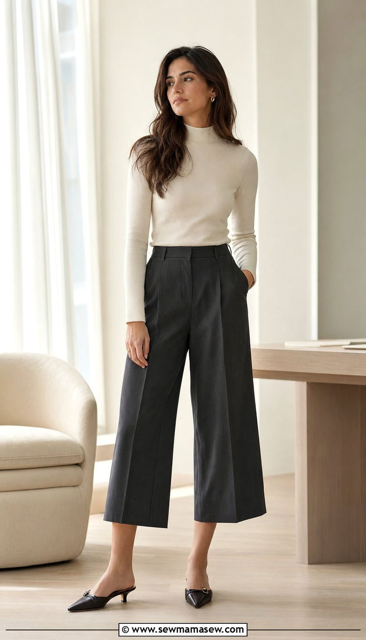 Culottes with fitted sweater and mules outfit - 35 Modest work outfit ideas