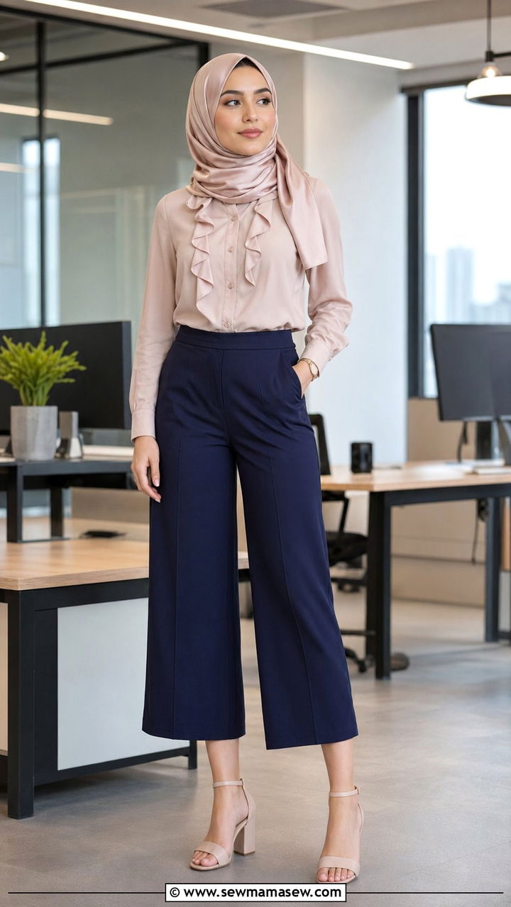 Culottes with tucked blouse and block heels - 35 Modest outfit ideas for Muslim women