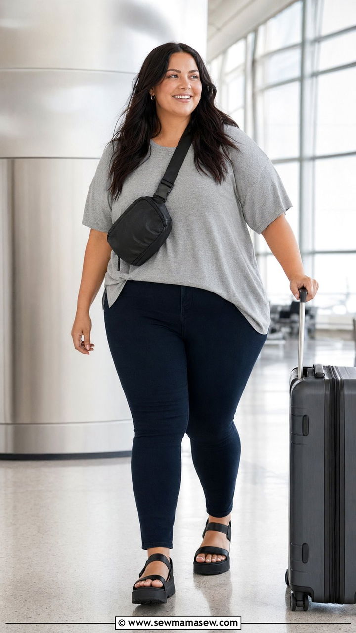 Curve friendly pull on jeggings with a soft tunic tee and sporty platform sandals - 30 Best jeans for plus size