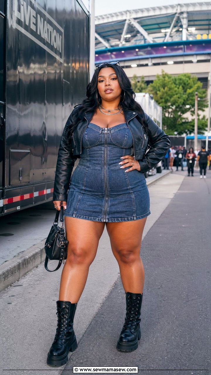 Curvy Women Denim Mini Dress and Combat Boots Outfit - 35 Concert outfits for curvy women
