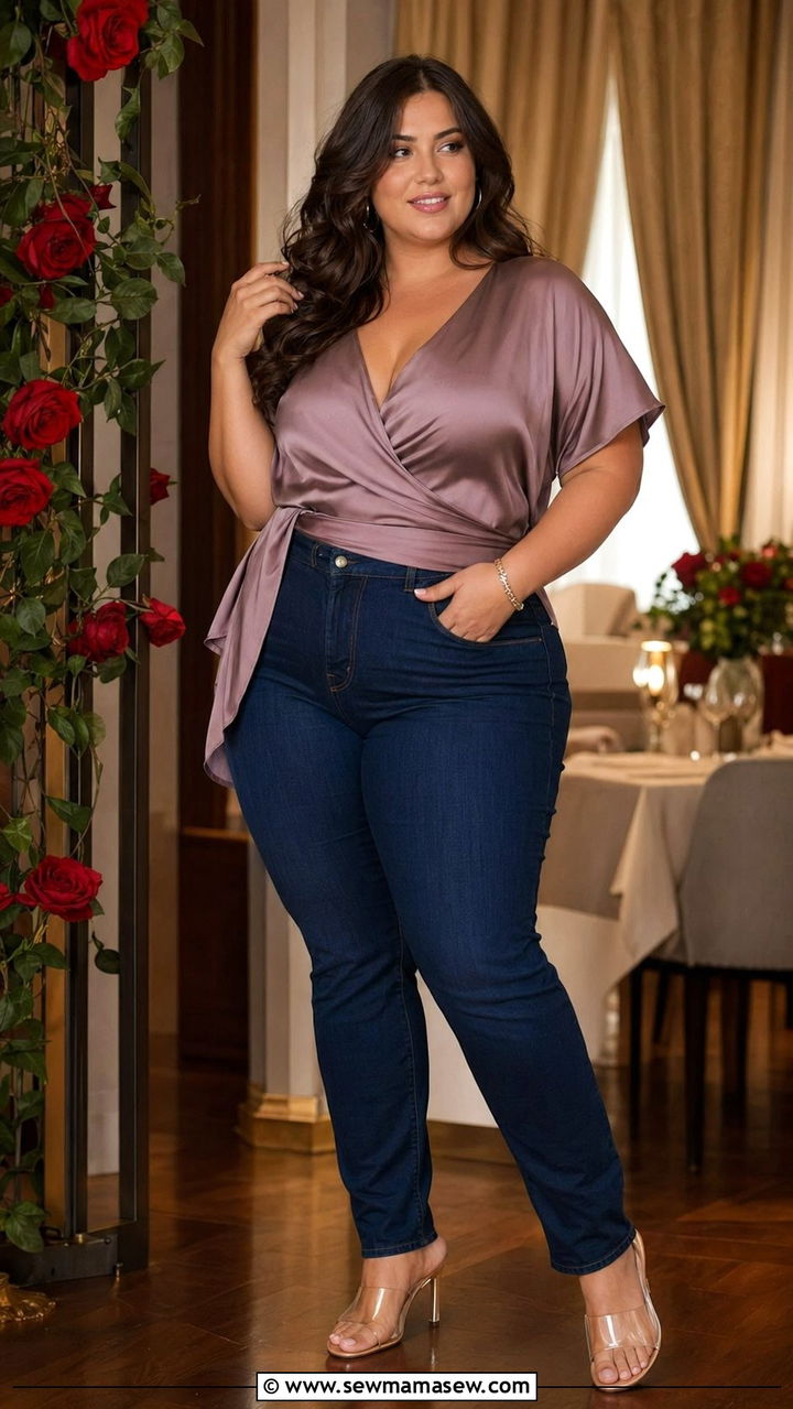 Curvy fit jeans with a wrap effect top and clear strap barely there heels - 30 Best jeans for plus size