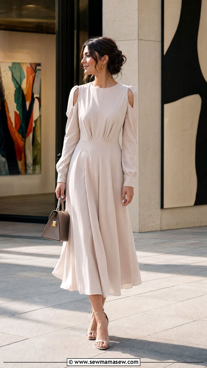 Cut Out Sleeve Midi Dress With Structured Handbag - 35 Modest outfit ideas for wedding guest
