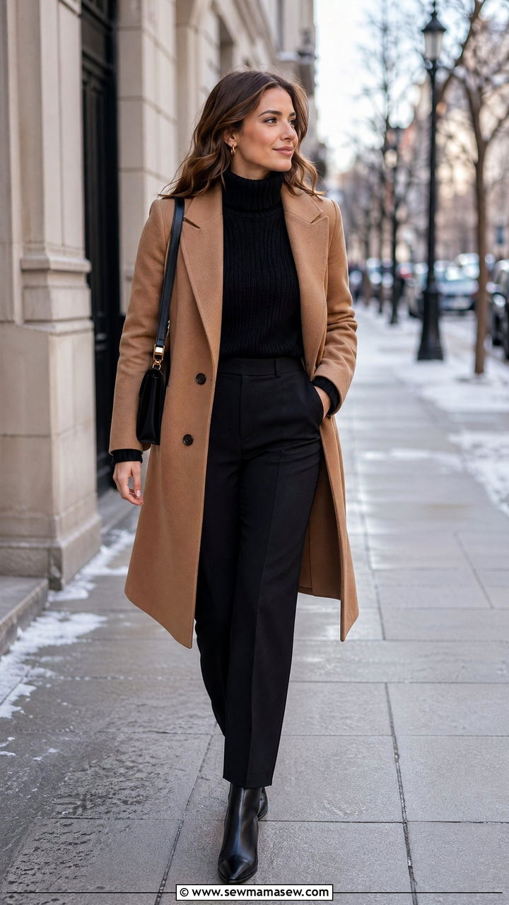 Cute Classy Outfit With Camel Coat And Black Turtleneck - 35 cute classy outfits