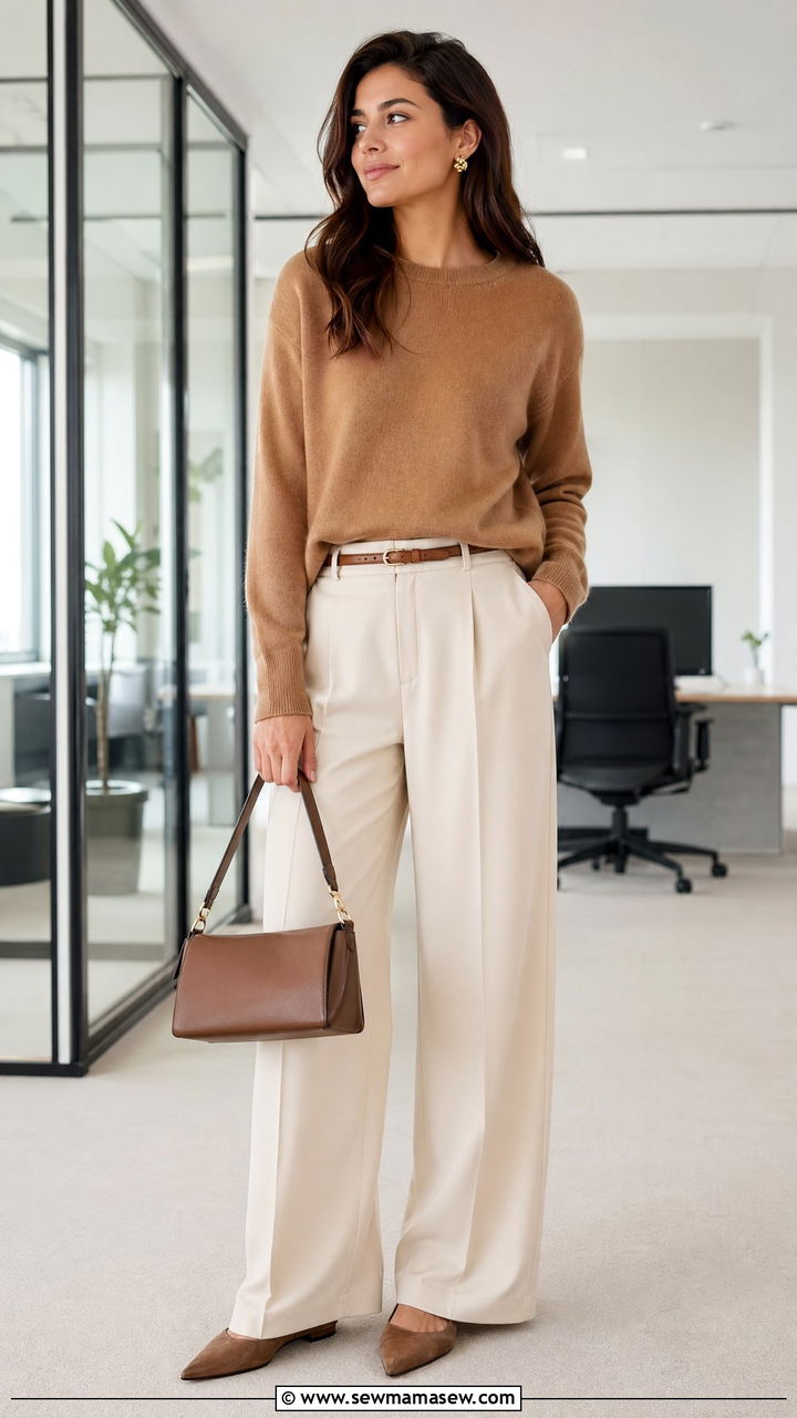 Cute Classy Outfit With Cashmere Sweater And Wide Leg Trousers - 35 cute classy outfits