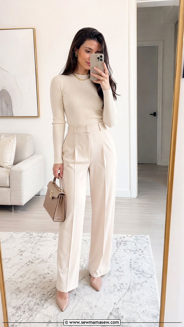 Cute Classy Outfit With Cream Knit Top And Tailored Trousers - 35 cute classy outfits