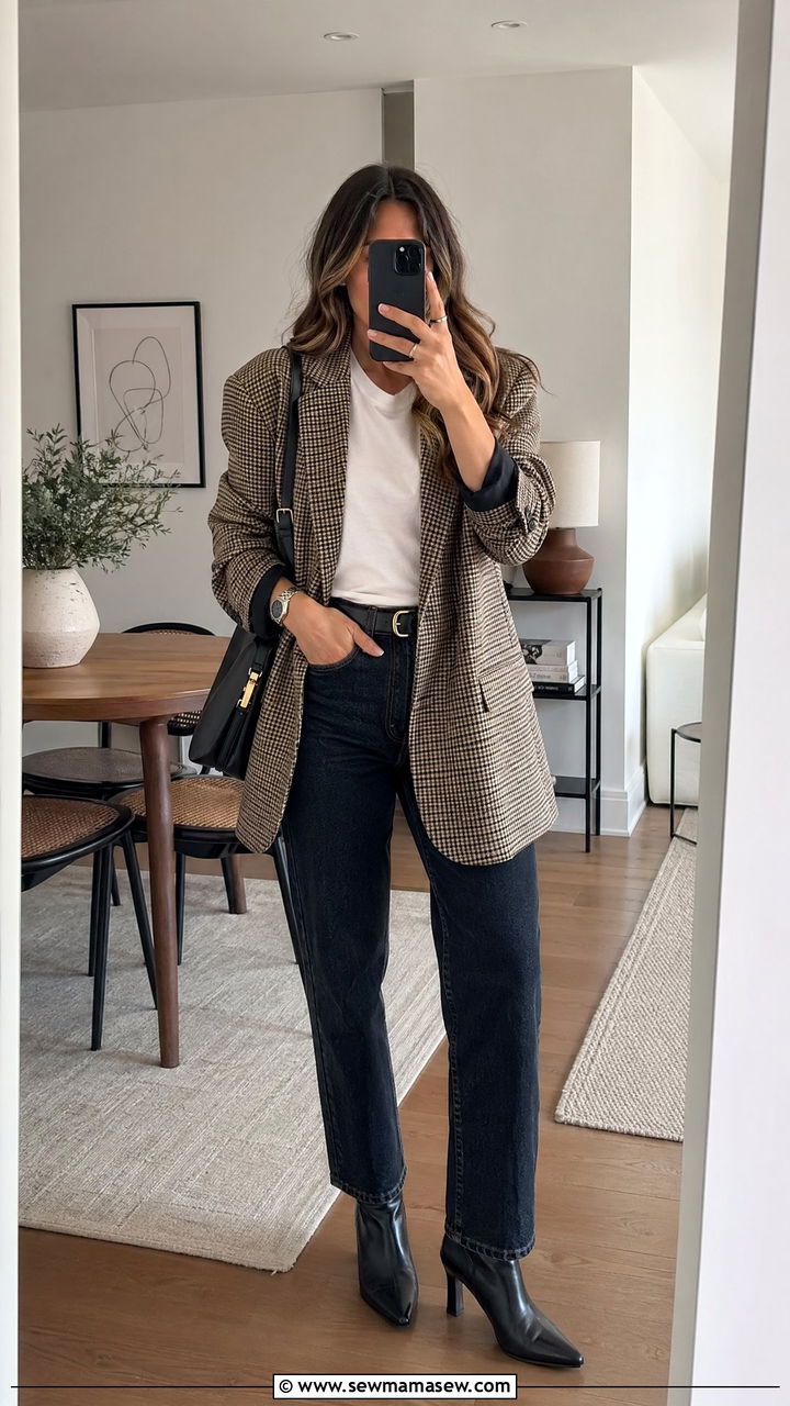 Cute Classy Outfit With Plaid Blazer And Dark Denim - 35 cute classy outfits