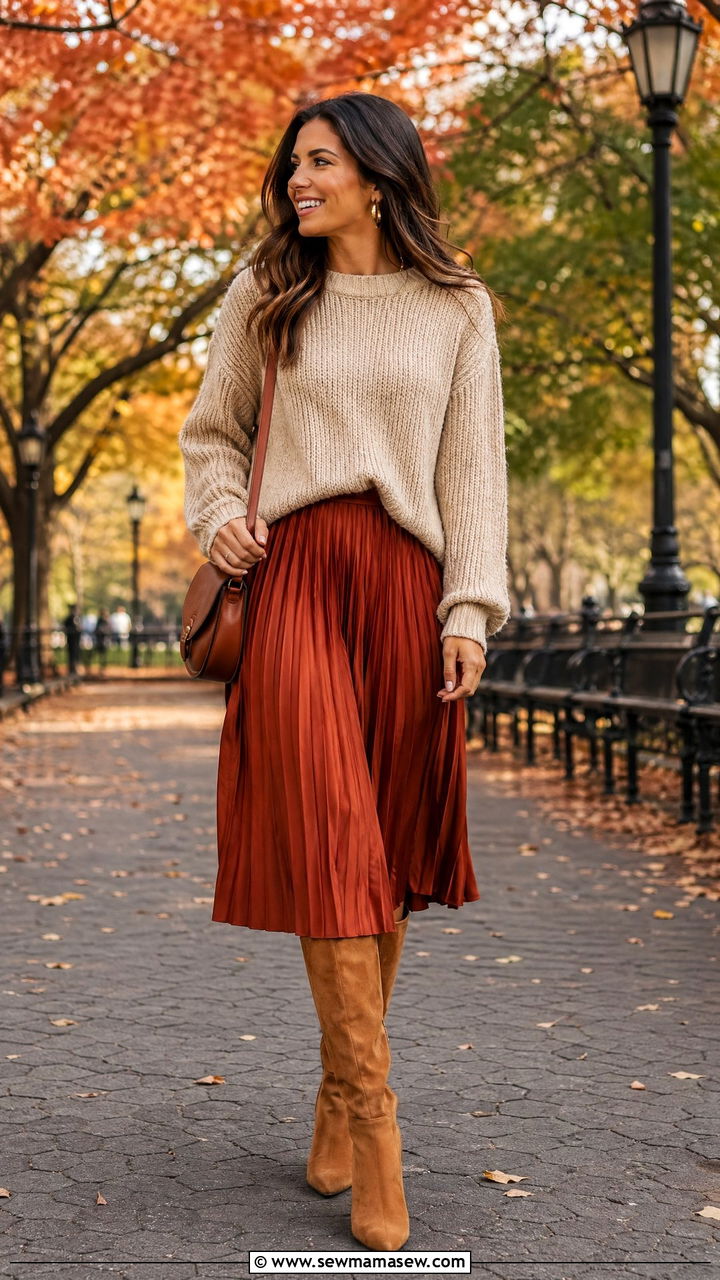 Cute Classy Outfit With Pleated Midi Skirt And Chunky Knit - 35 cute classy outfits