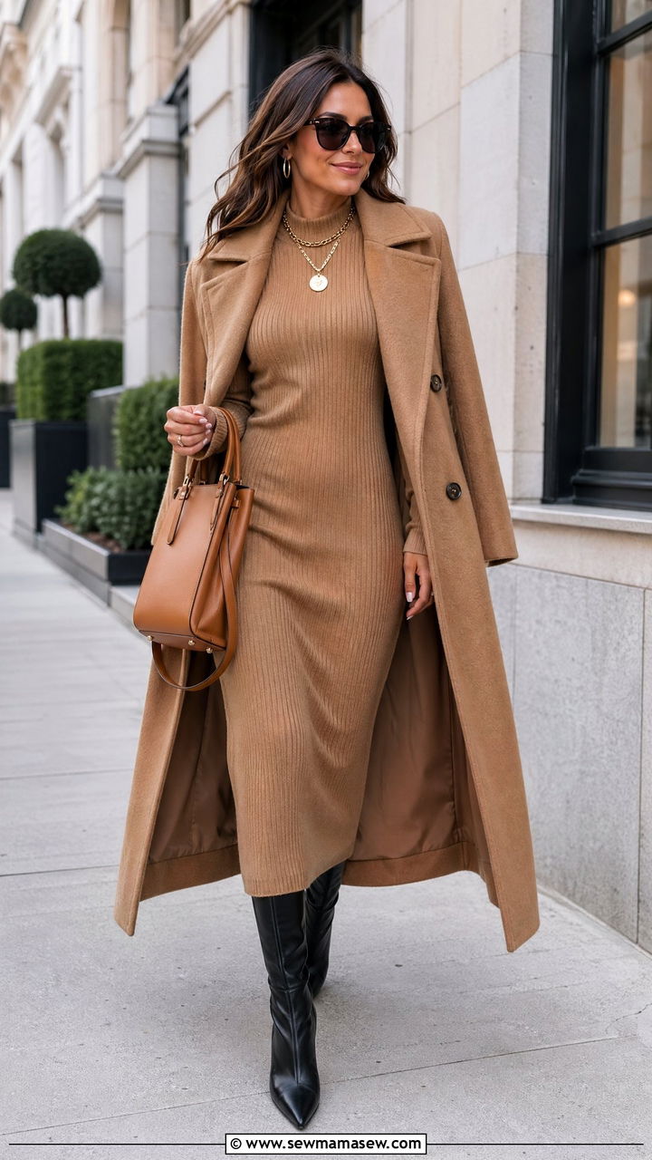 Cute Classy Outfit With Pointed Toe Boots And Knit Midi Dress - 35 cute classy outfits