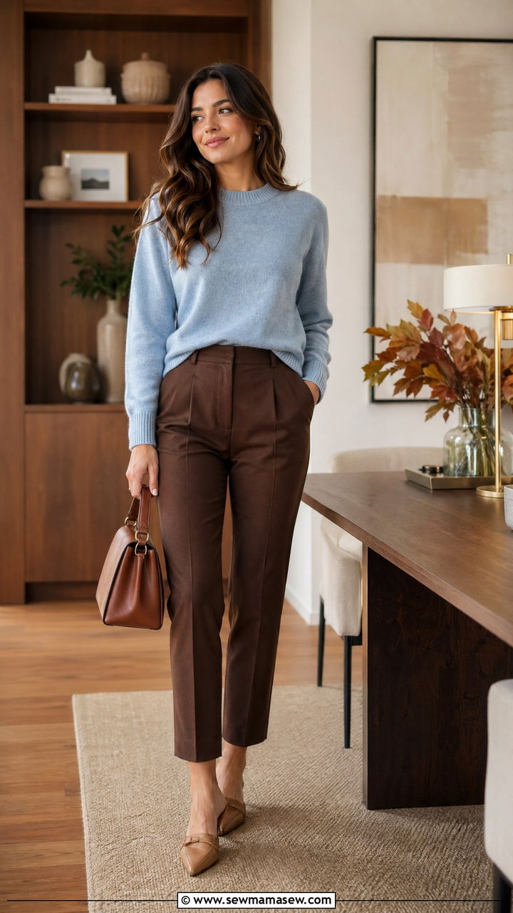 Cute Elegant Outfit with Baby Blue Sweater and Chocolate Trousers - 35 cute elegant outfits