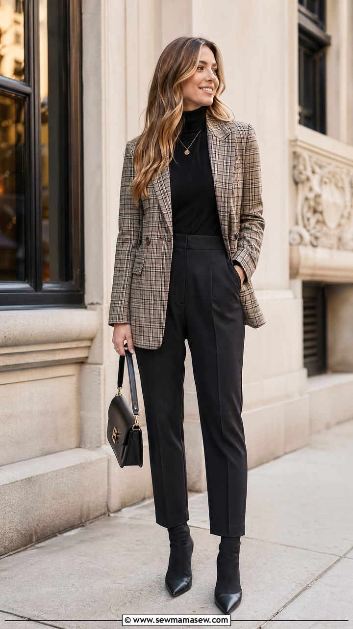 Cute Elegant Outfit with Black Turtleneck and Plaid Blazer - 35 cute elegant outfits