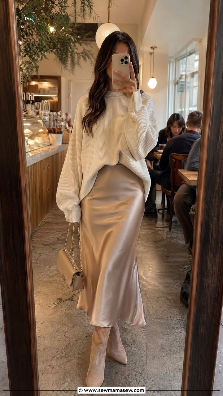 Cute Elegant Outfit with Cream Sweater and Satin Midi Skirt - 35 cute elegant outfits