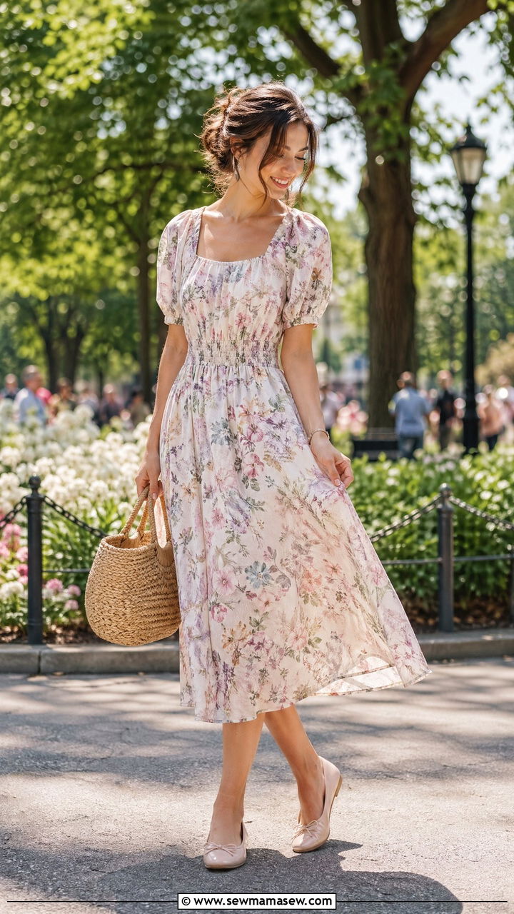 Cute Elegant Outfit with Floral Midi Dress and Ballet Flats - 35 cute elegant outfits