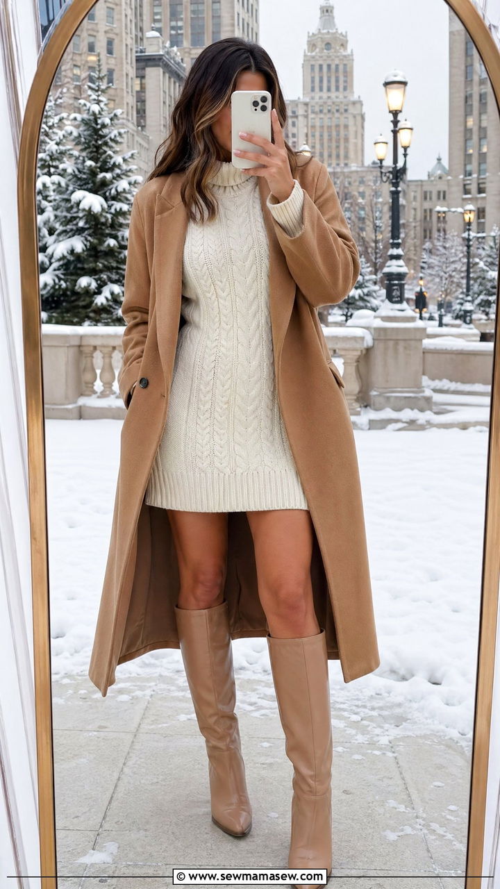 Cute Elegant Outfit with Ivory Cable Knit Dress and Knee High Boots - 35 cute elegant outfits