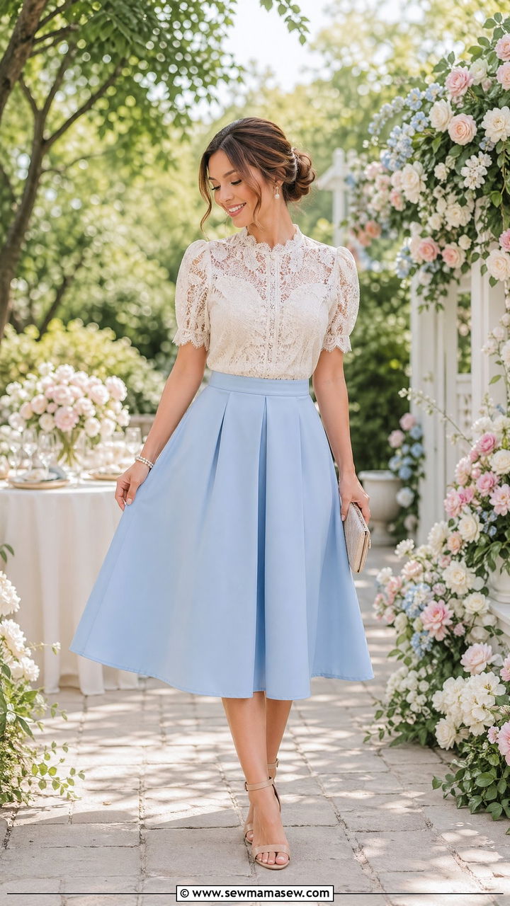Cute Elegant Outfit with Lace Blouse and A Line Skirt - 35 cute elegant outfits
