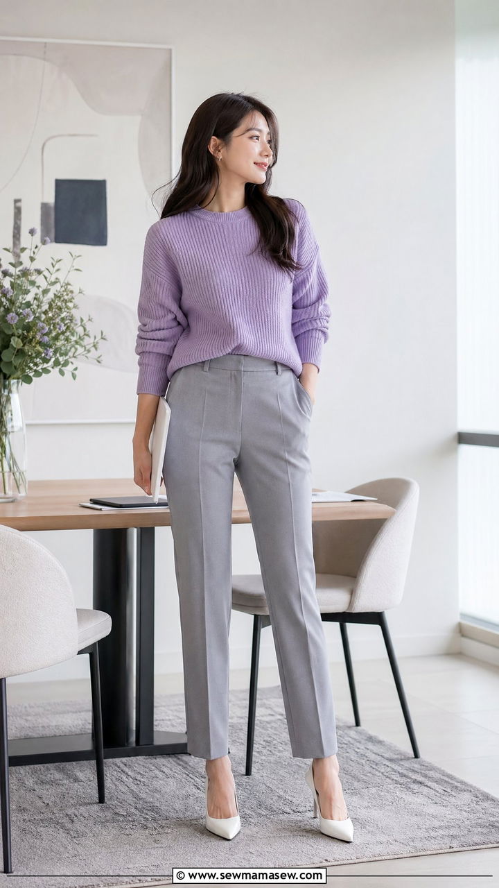 Cute Elegant Outfit with Lavender Knit and Gray Tailored Pants - 35 cute elegant outfits