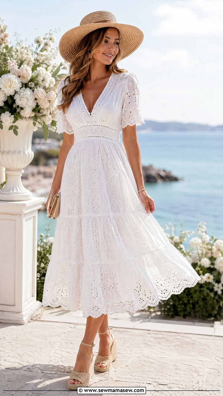 Cute Elegant Outfit with White Eyelet Dress and Espadrilles - 35 cute elegant outfits