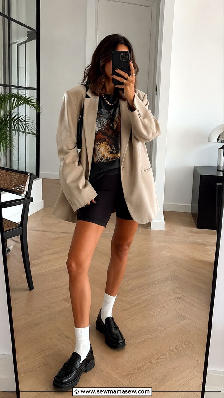 Cycling Shorts With Oversized Graphic Tee And Relaxed Blazer - 30 sporty chic capsule wardrobe outfits