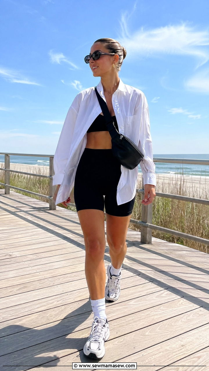 Cycling shorts with oversized button down shirt outfit - 35 Sporty chic outfit ideas