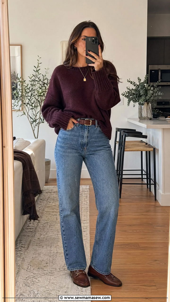 Damson Plum Sweater with Straight Leg Jeans Outfit - 35 transitional chic outfit ideas