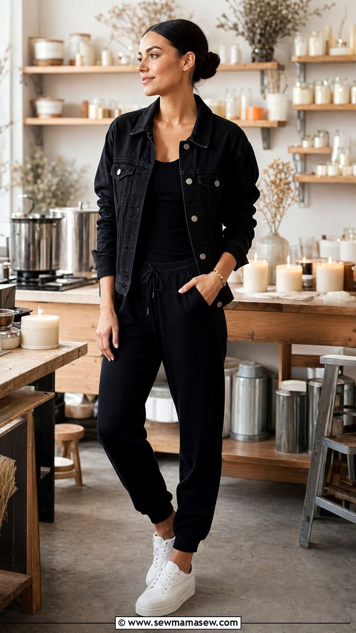 Dark Denim Jacket and Black Joggers for Candle Making Workshop - 30 Workshop outfit ideas