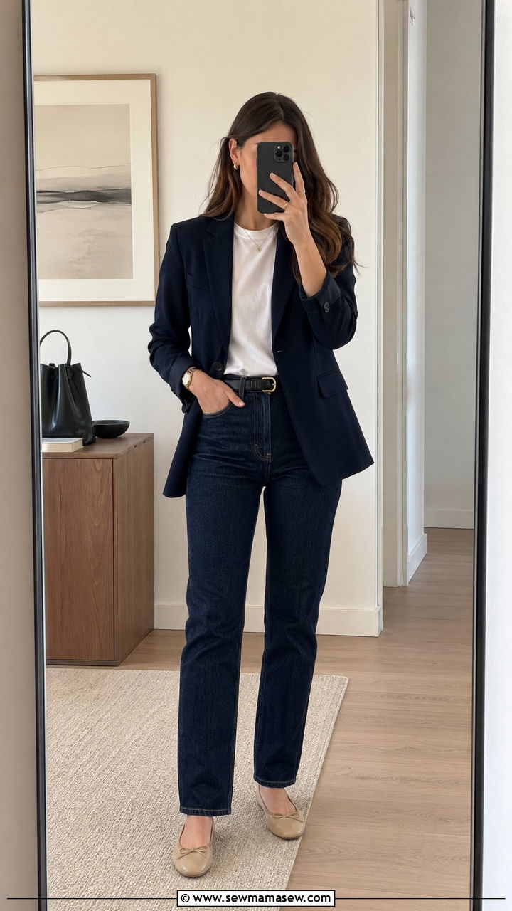 Dark Denim Jeans with a Navy Blazer and Ballet Flats - 35 workwear outfit ideas for women