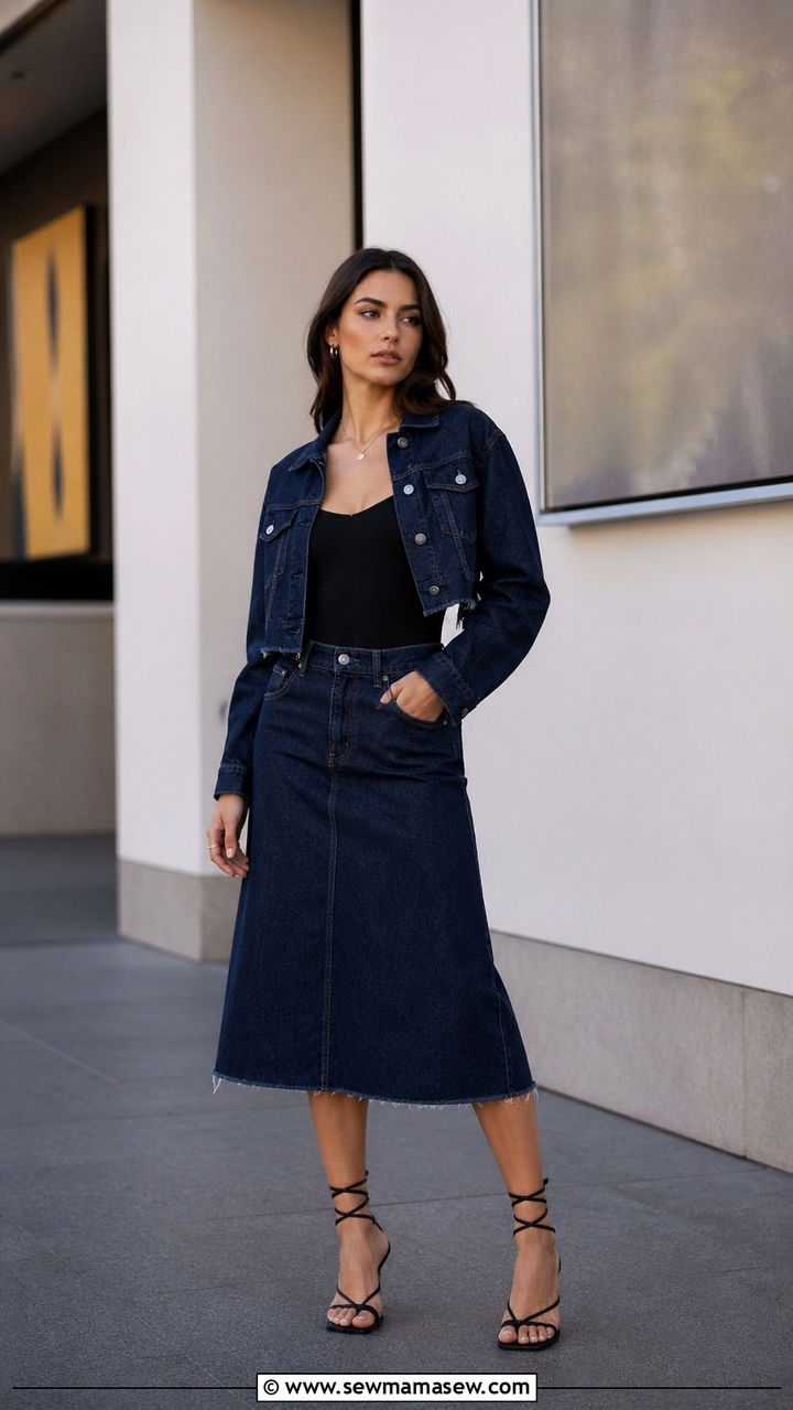 Dark Denim Midi Skirt With Denim Jacket - 40 All denim blue outfit ideas