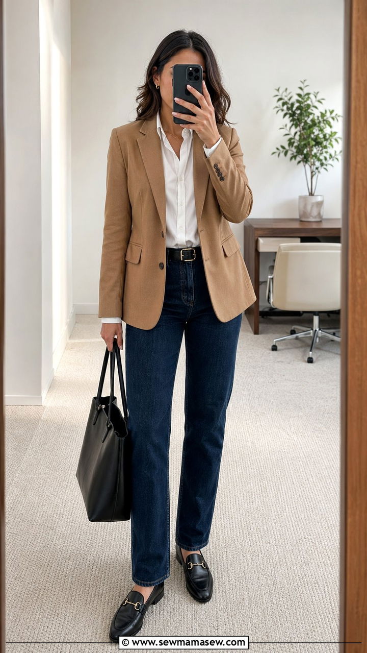 Dark Denim With Blazer And Loafers - 35 Professional outfits for women