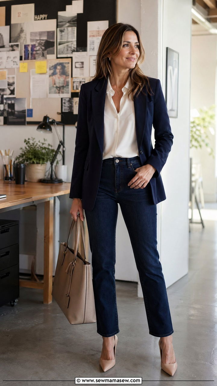 Dark Denim with a Navy Blazer Outfit - 35 Corporate event outfit ideas