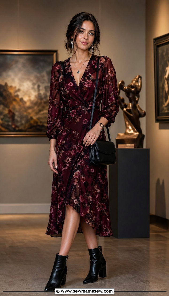 Dark Floral Dress And Ankle Boots - 35 romantic outfits ideas