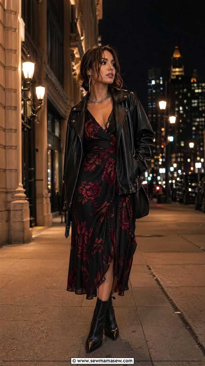 Dark Floral Dress With Leather Jacket - 35 Spring floral print outfits