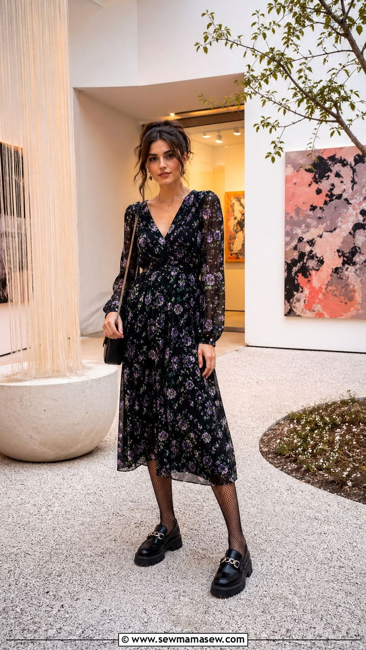 Dark Floral Dress with Fishnet Tights and Platform Loafers - 30 spring edgy outfit ideas