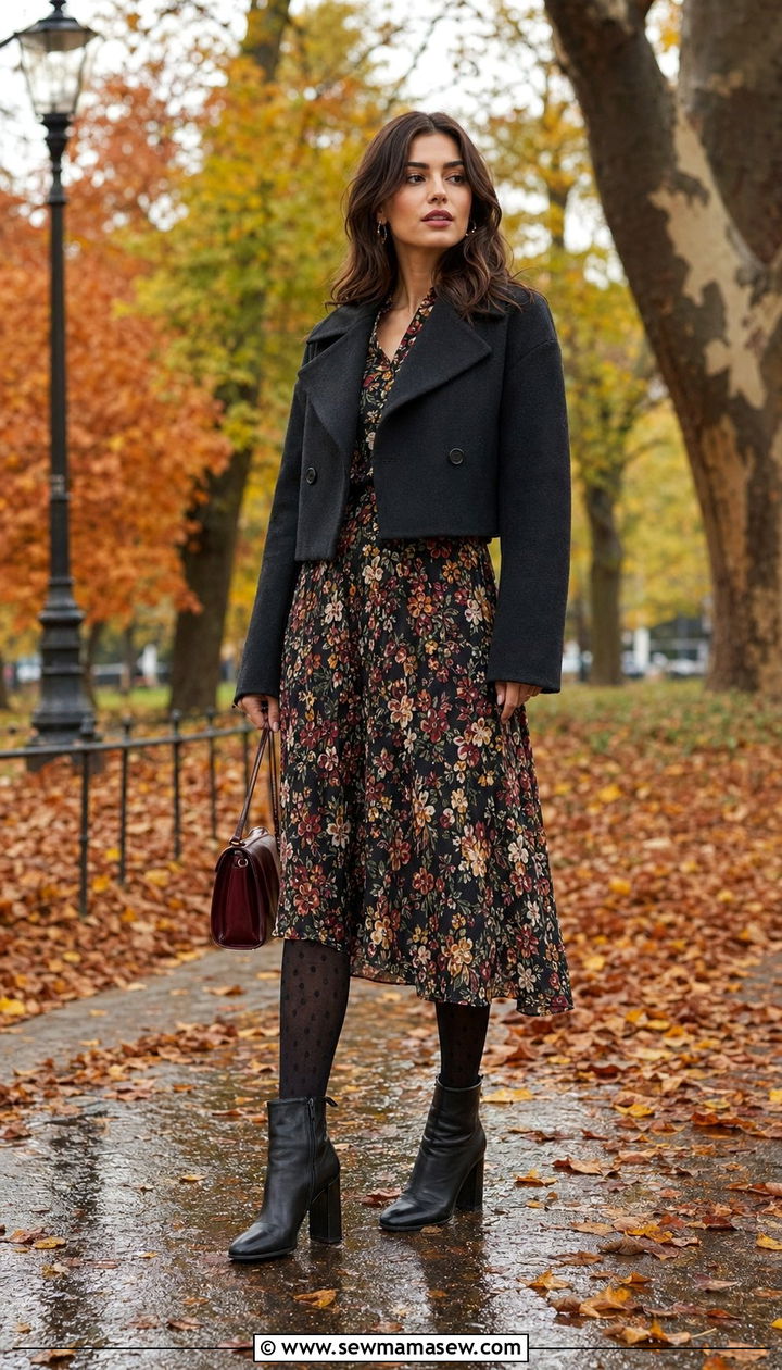 Dark Floral Dress with Patterned Tights - 30 Wedding guest outfits for rainy weather
