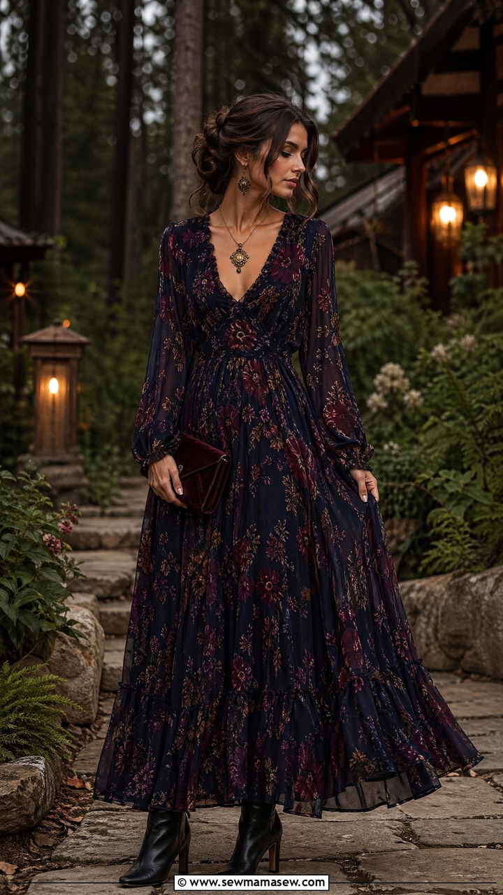 Dark Floral Maxi Cottagecore Wedding Guest Dress - 35 Cottagecore wedding guest outfits