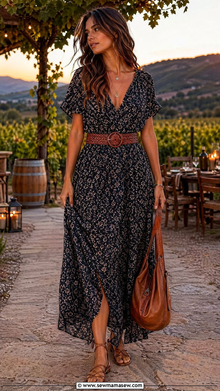 Dark Floral Maxi Dress With Brown Leather Accessories - 35 summer boho outfit ideas