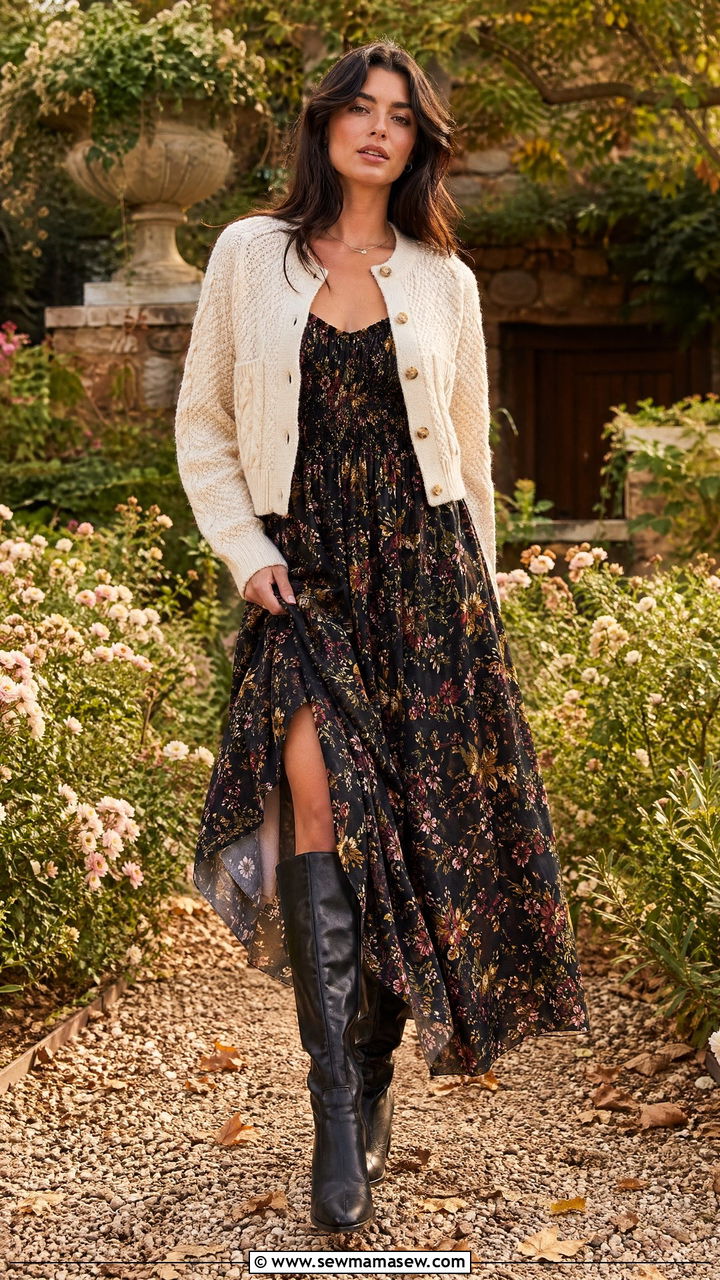 Dark Floral Maxi Dress With Knee High Boots and a Cropped Cardigan - 35 Summer to fall transition outfits