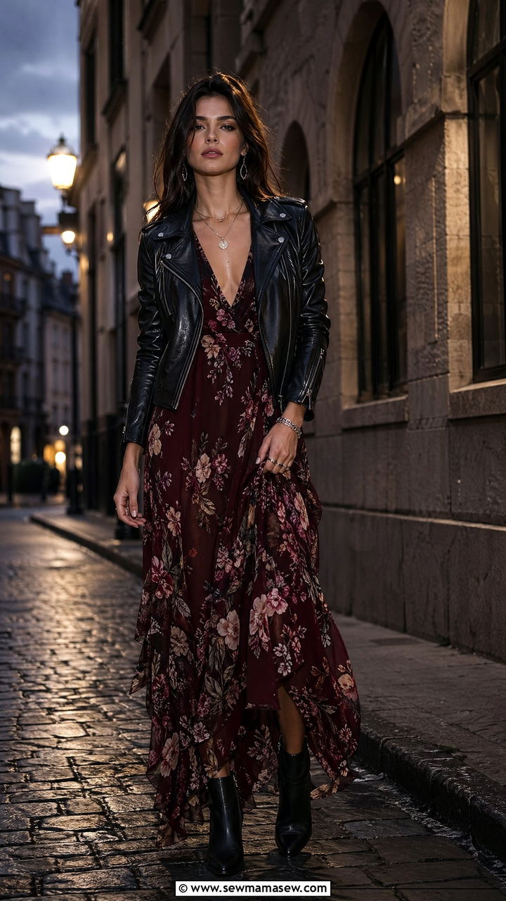 Dark Floral Maxi Dress With Leather Jacket - 35 spring floral outfit ideas